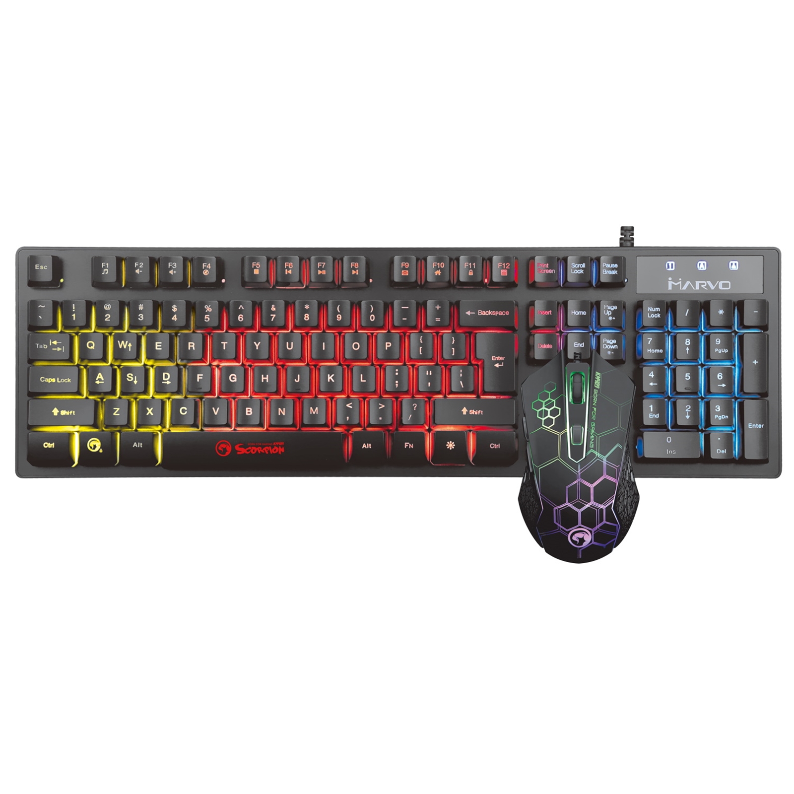 Marvo Scorpion KM409 Gaming Keyboard and Mouse Bundle, 7 Colour LED Backlit, USB 2.0, Compact Design, with Multi-Media and Anti-ghosting Keys, Optical Sensor Mouse with Adjustable 800-2400 dpi