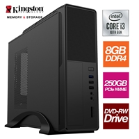 Small Form Factor - Intel i3 10100 4 Core 8 Thread 3.30GHz (4.30GHz Boost), 8GB Kingston RAM, 250GB Kingston NVMe M.2 - DVDRW, Wi-Fi, FREE Keyboard & Mouse - Small Foot Print for Home or Office Use - Pre-Built PC